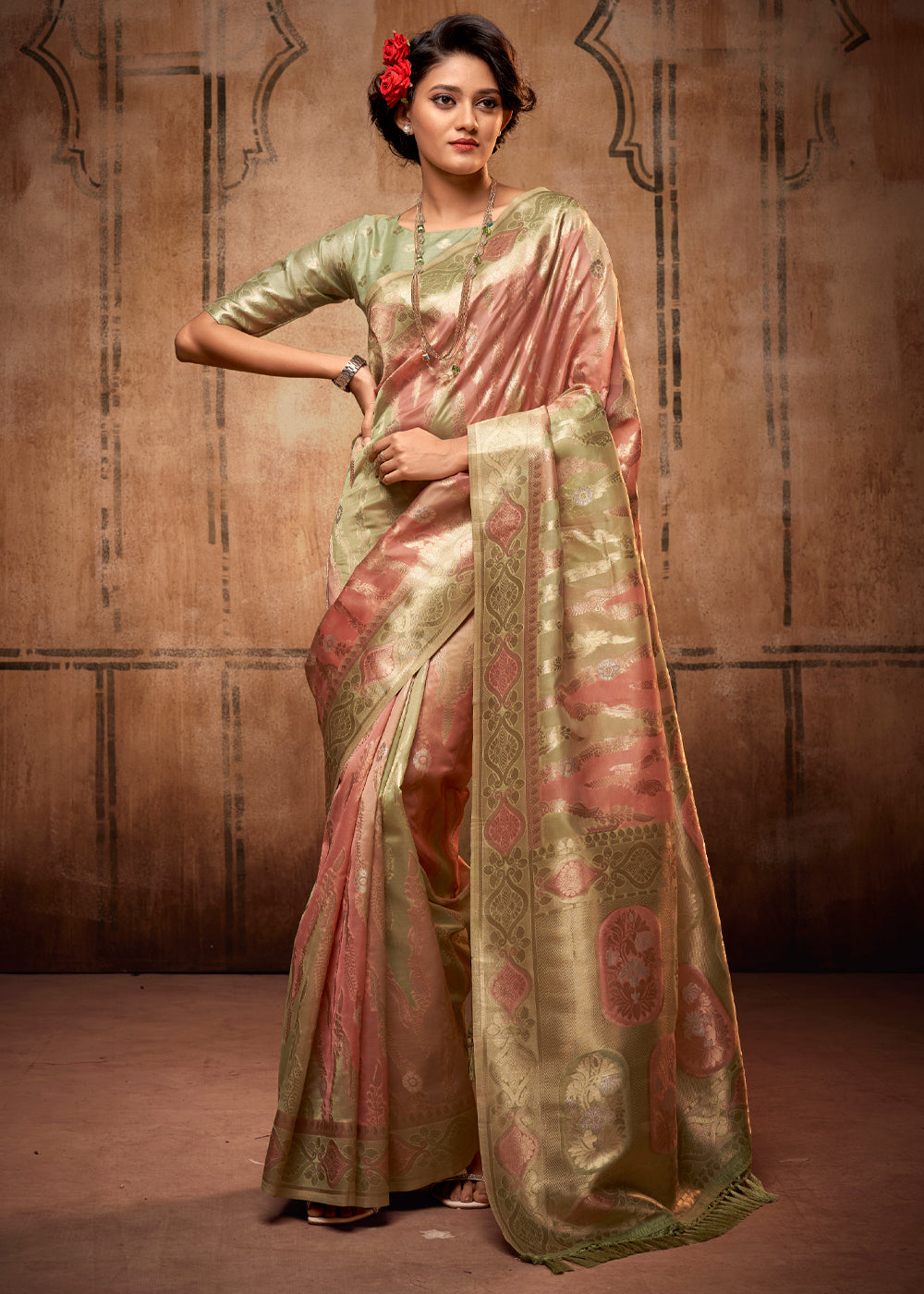 Buy Antique Pink and Green Zari Woven Banarasi Organza Saree Online MySilkLove