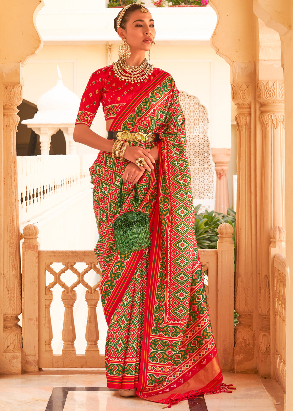 Buy MySilkLove Crete Green and Red Printed Patola Tussar Saree Online