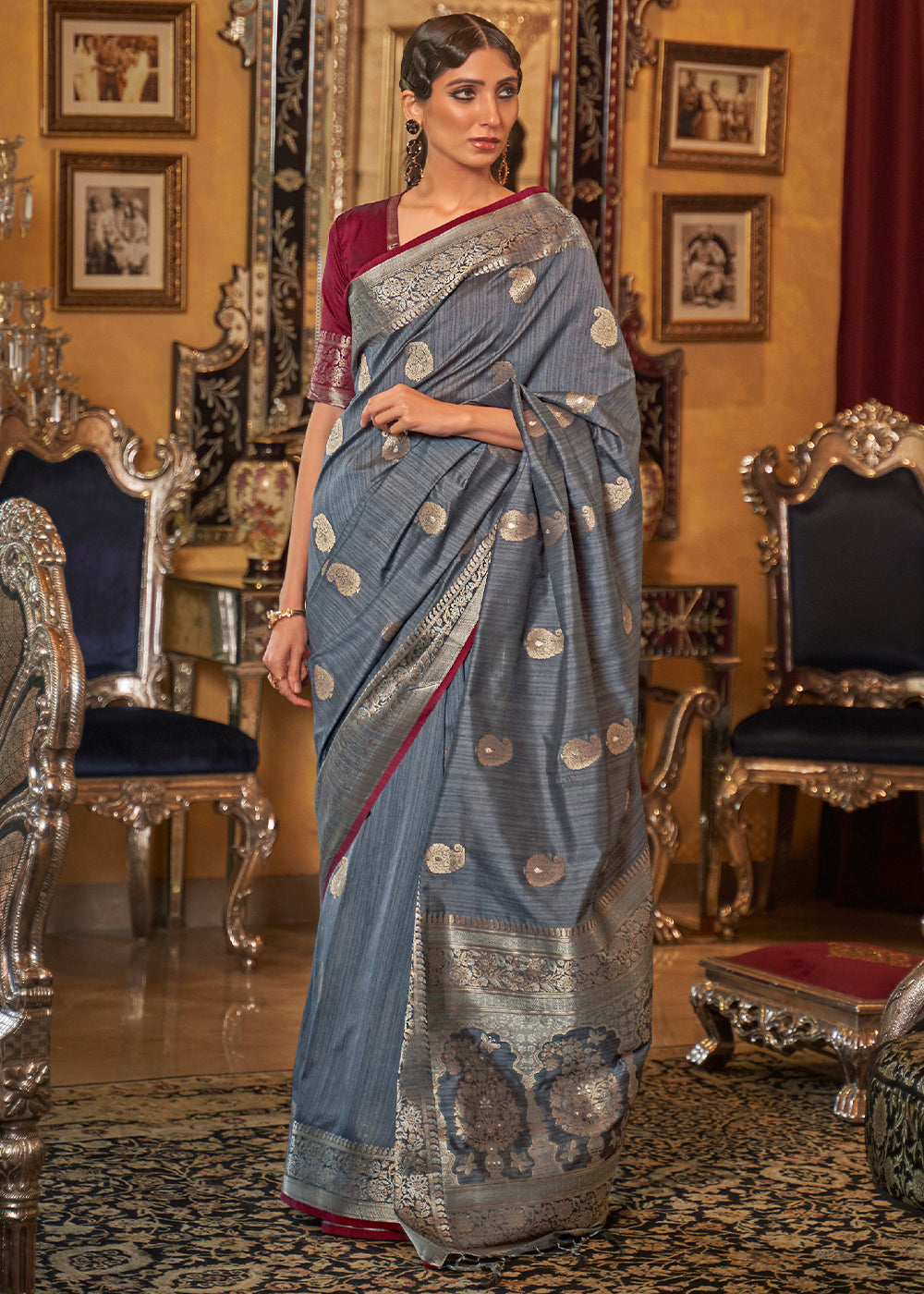 Buy MySilkLove Nevada Grey and Red Zari Woven Tussar Saree Online