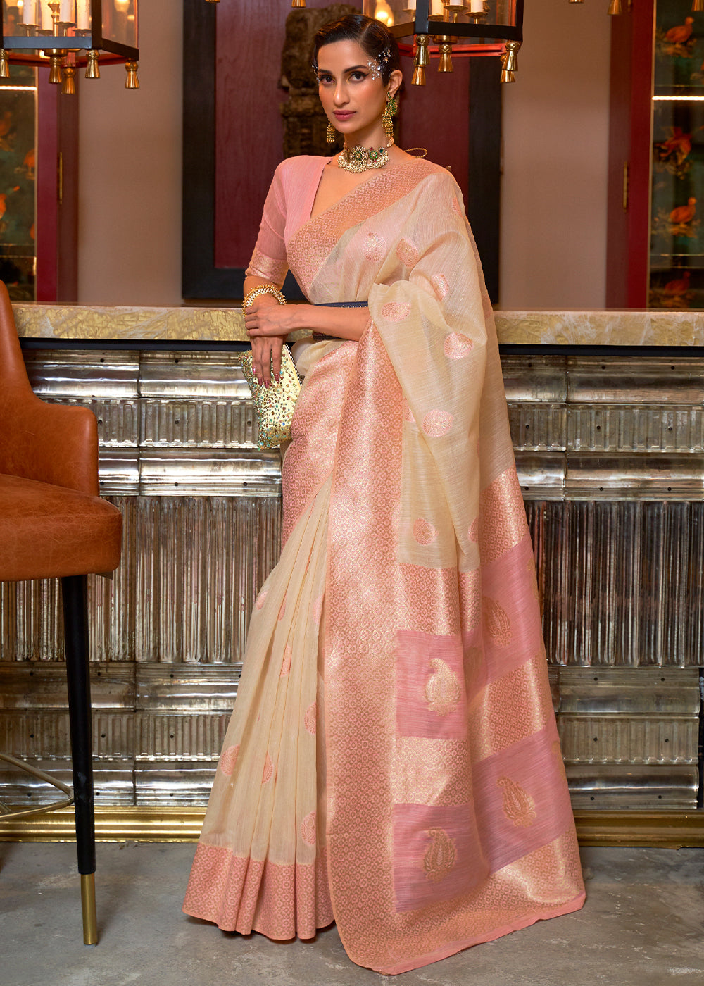 Buy MySilkLove Tan Cream and Pink Zari Woven Linen Saree Online