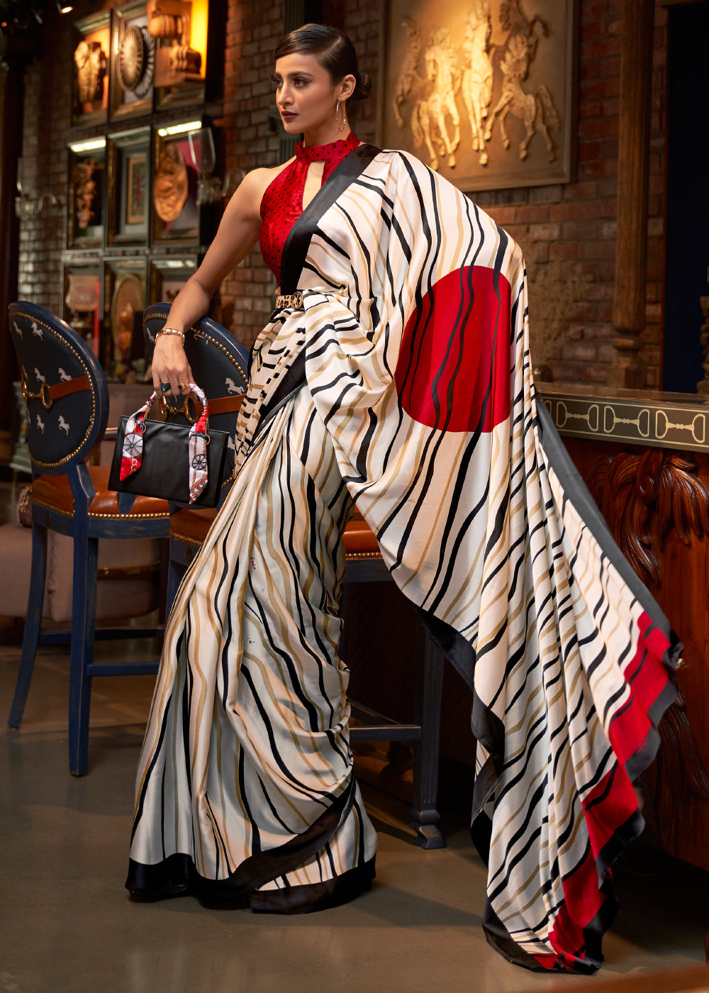 Buy MySilkLove Swirl White and Red Printed Satin Silk Saree Online