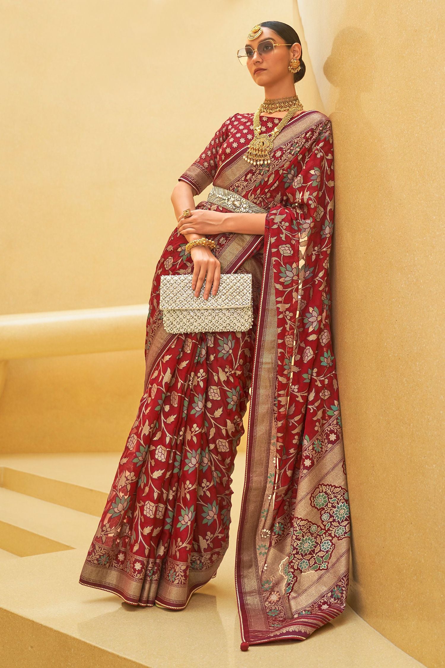 Buy MySilkLove Poppy Dark Red Zari Woven Brasso Organza Saree Online