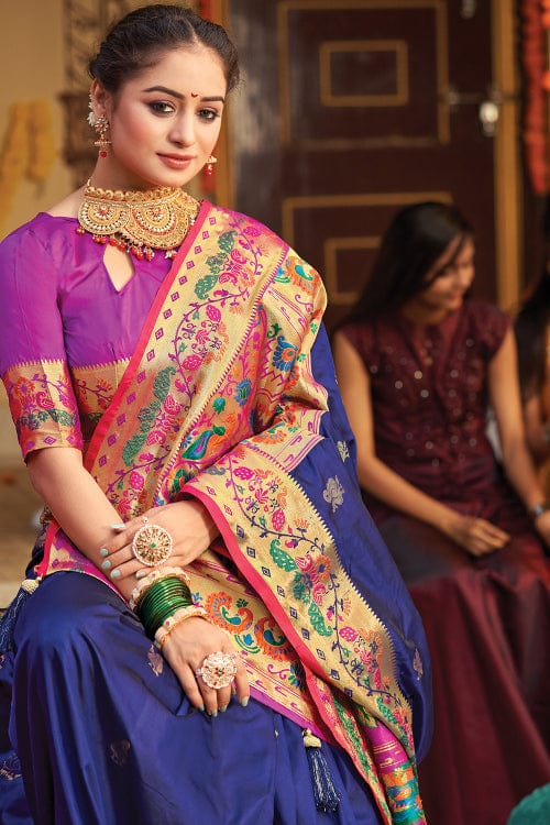 Buy MySilkLove East Bay Blue and Purple Zari Woven Paithani Saree Online