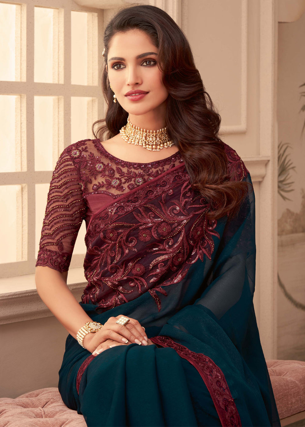 Buy MySilkLove Firefly Blue Georgette Designer Saree with Embroidered Blouse Online