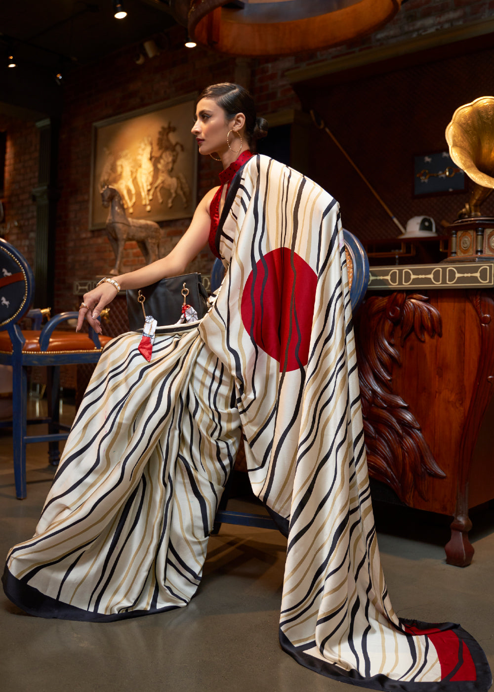 Buy MySilkLove Swirl White and Red Printed Satin Silk Saree Online