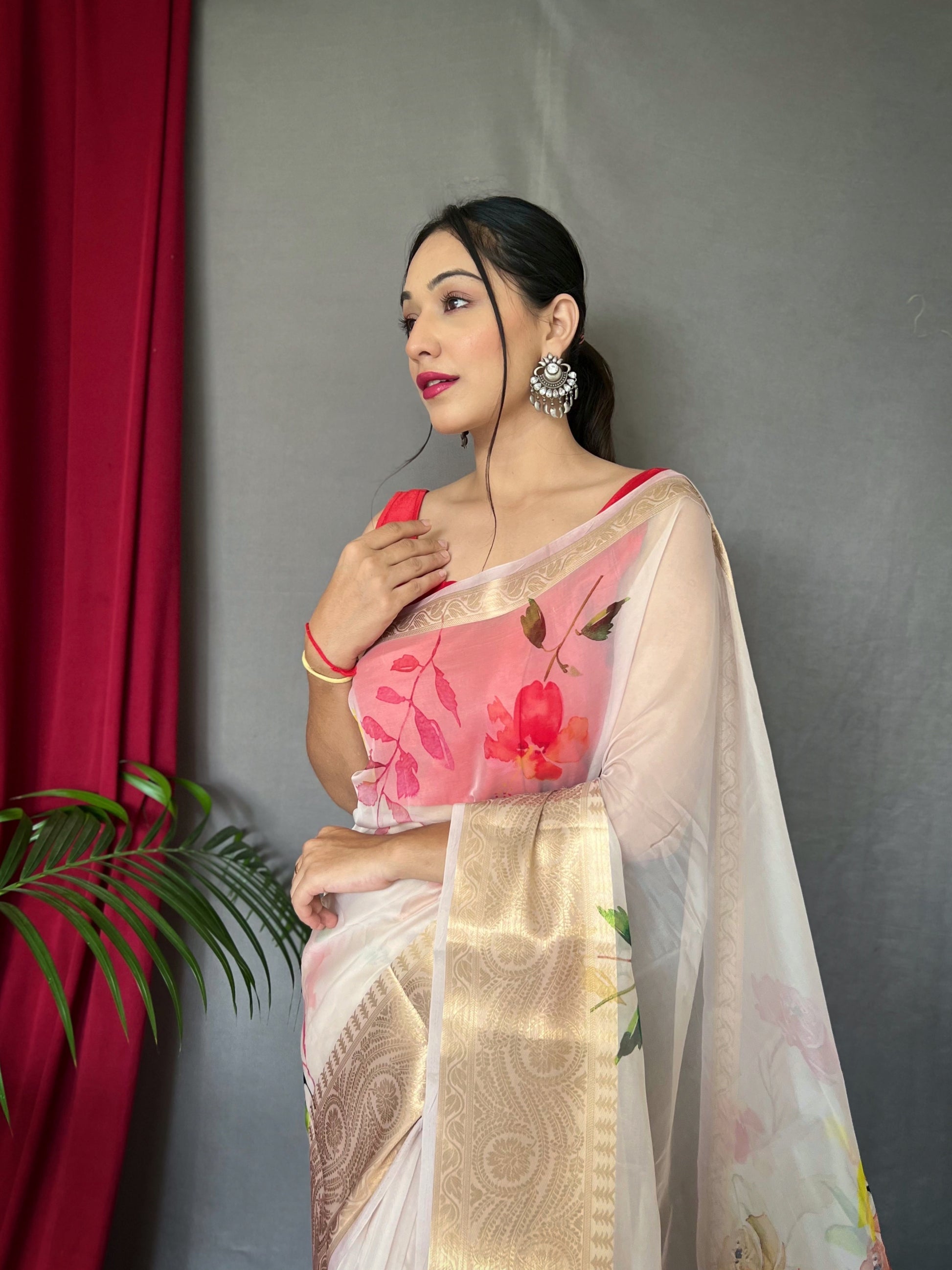 Buy MySilkLove Light Grey Organza Digital Floral Printed Saree Online