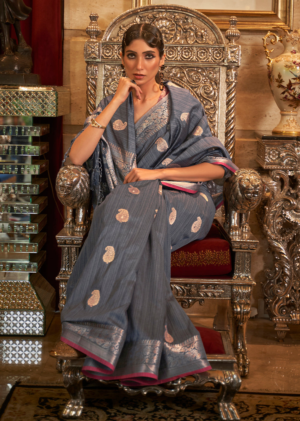 Buy MySilkLove Nevada Grey and Red Zari Woven Tussar Saree Online