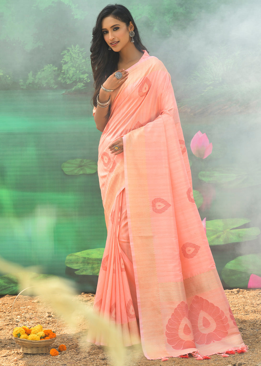 Buy MySilkLove Wax Peach Pink Banarasi Jacquard Silk Saree Online