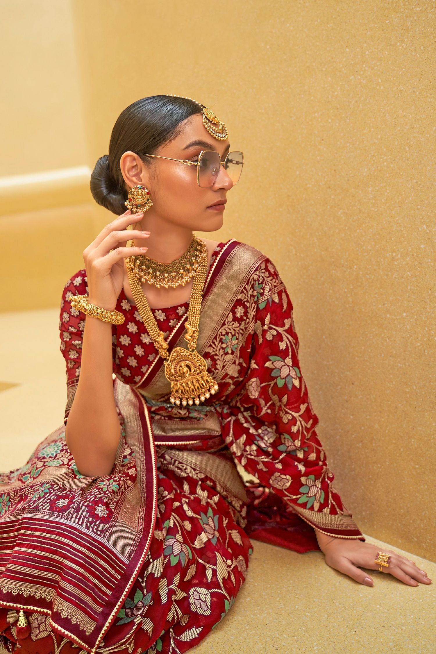 Buy MySilkLove Poppy Dark Red Zari Woven Brasso Organza Saree Online