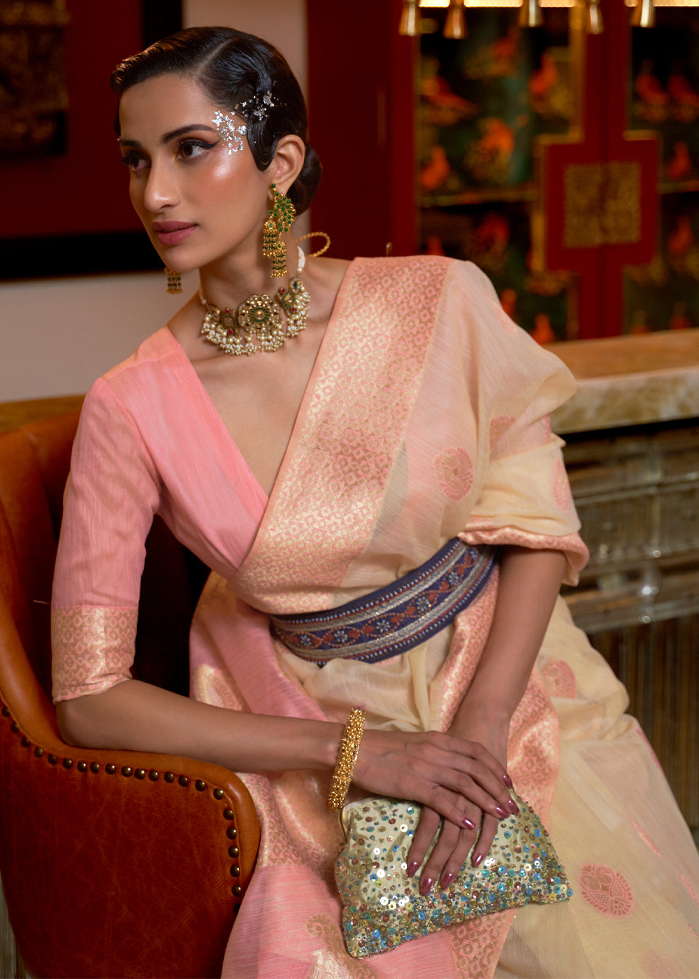 Buy MySilkLove Tan Cream and Pink Zari Woven Linen Saree Online