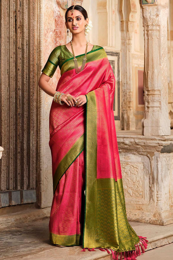 Ruby Pink Kanjivaram 2024 Silk Saree For Woman With Contrast Green BorderLatest Designer Saree for Weddings,Saree With Blouse Saree With Belt