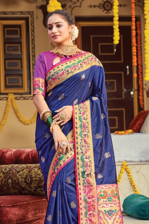 Buy MySilkLove East Bay Blue and Purple Zari Woven Paithani Saree Online