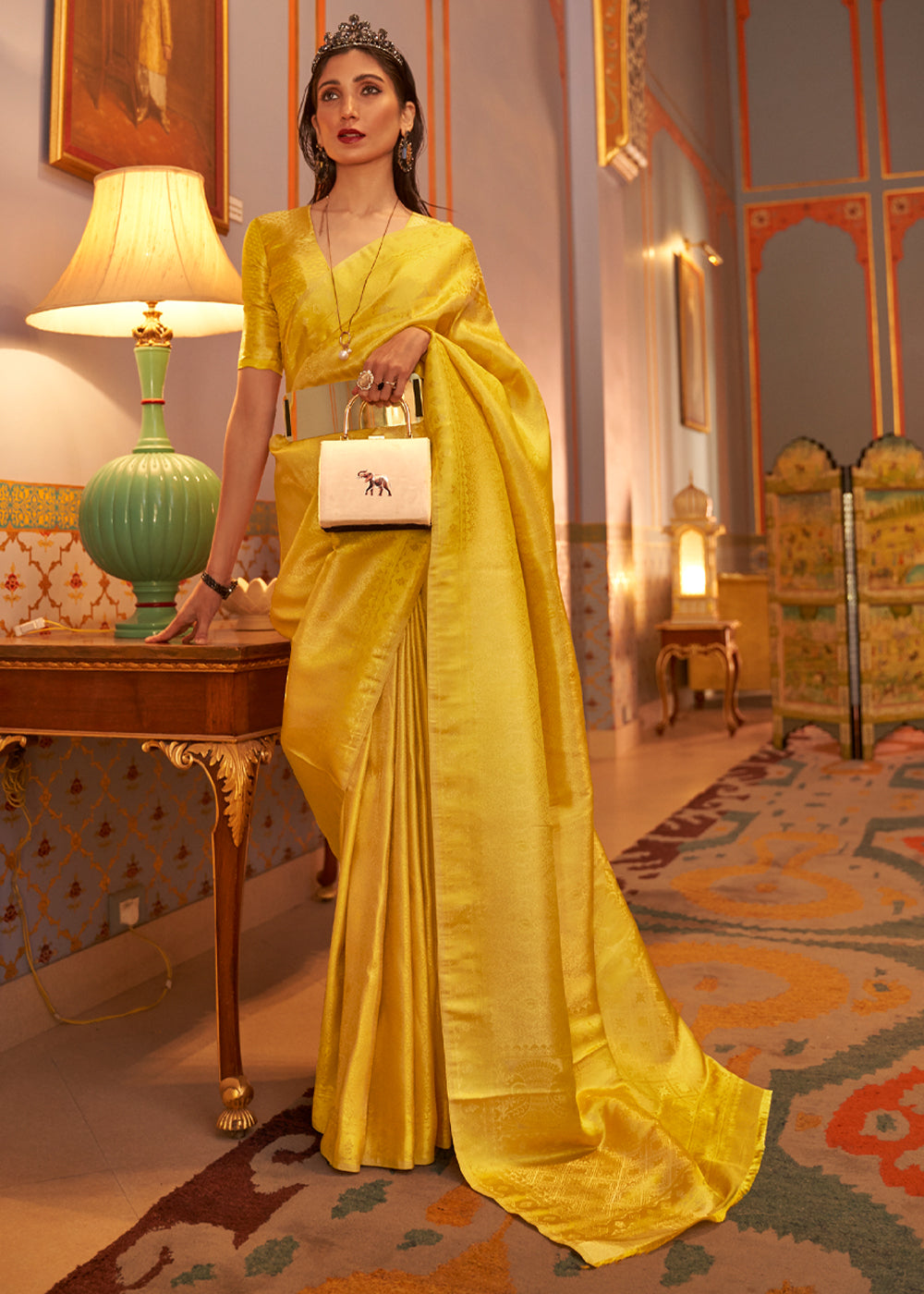 Buy MySilkLove Golden Yellow Dual tone Satin Banarasi Saree Online