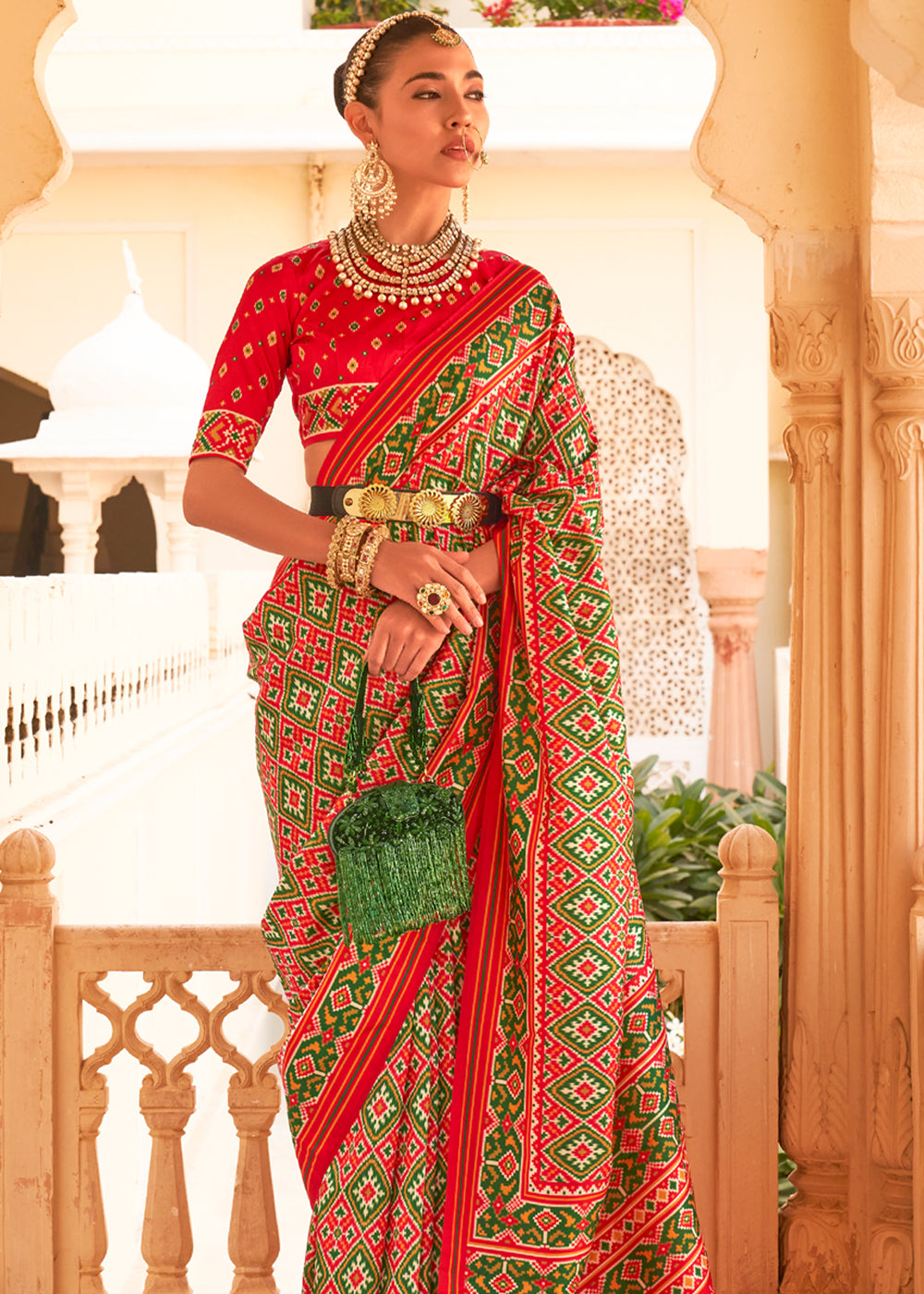 Buy MySilkLove Crete Green and Red Printed Patola Tussar Saree Online