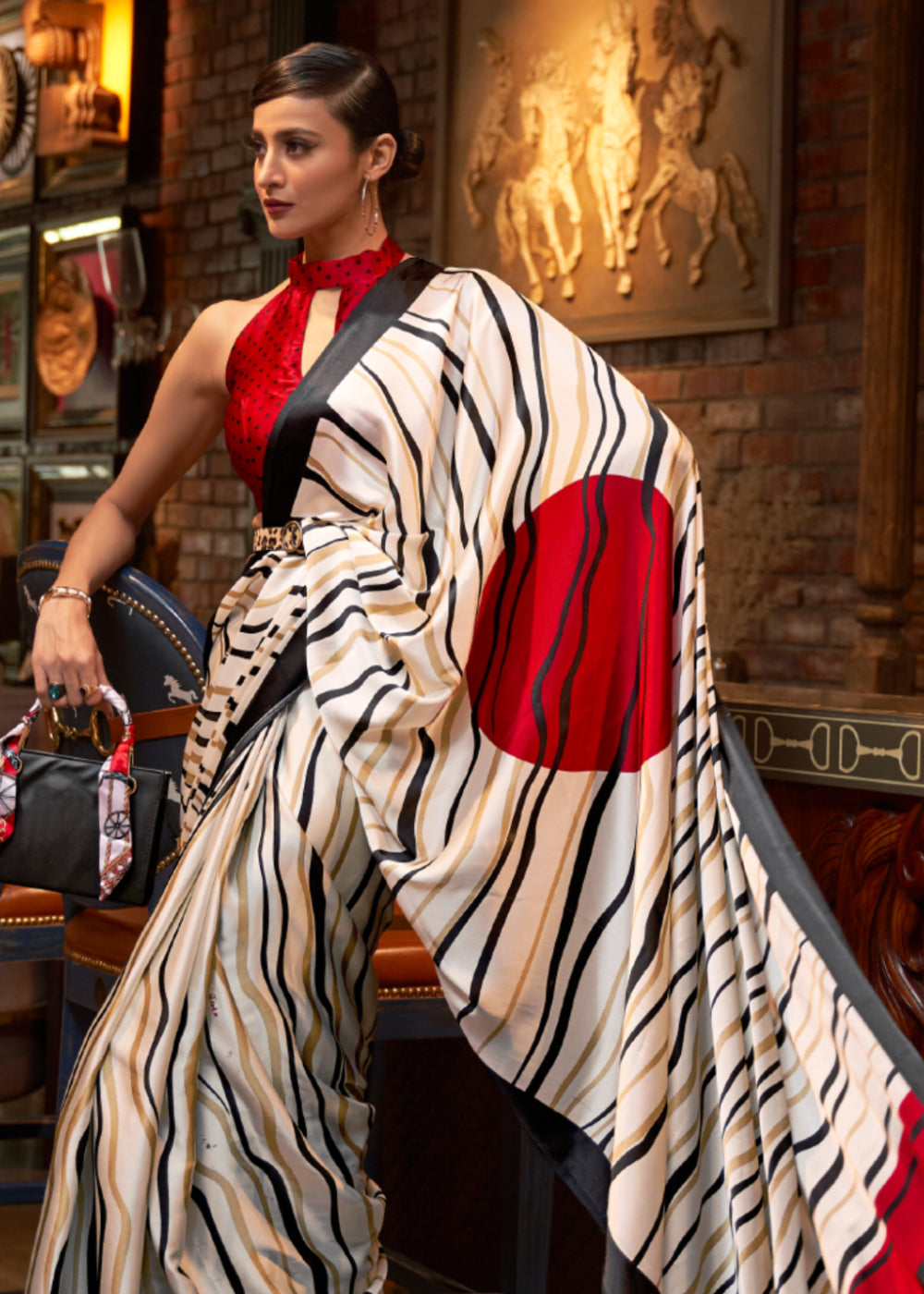Buy MySilkLove Swirl White and Red Printed Satin Silk Saree Online