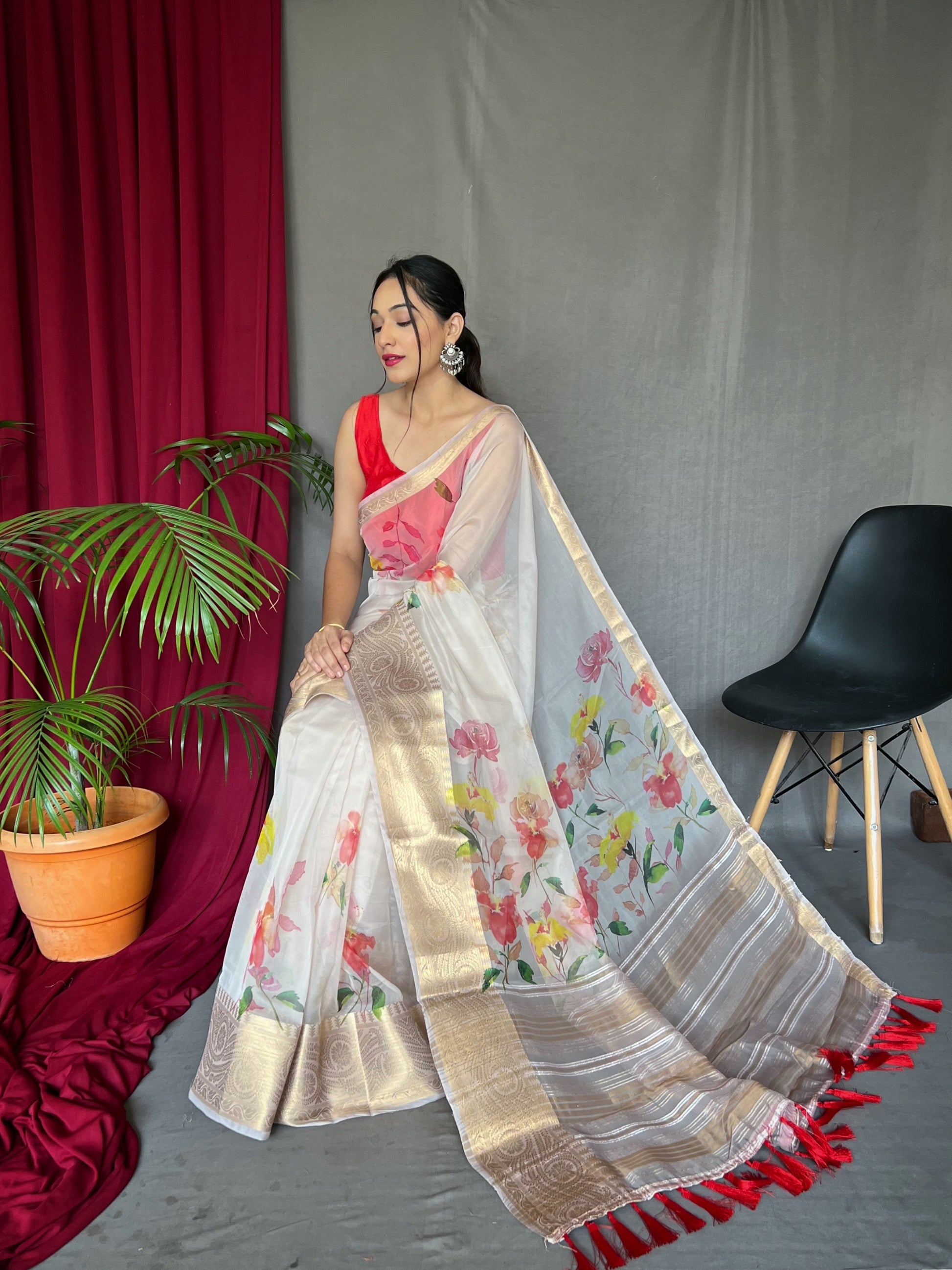 Buy MySilkLove Light Grey Organza Digital Floral Printed Saree Online