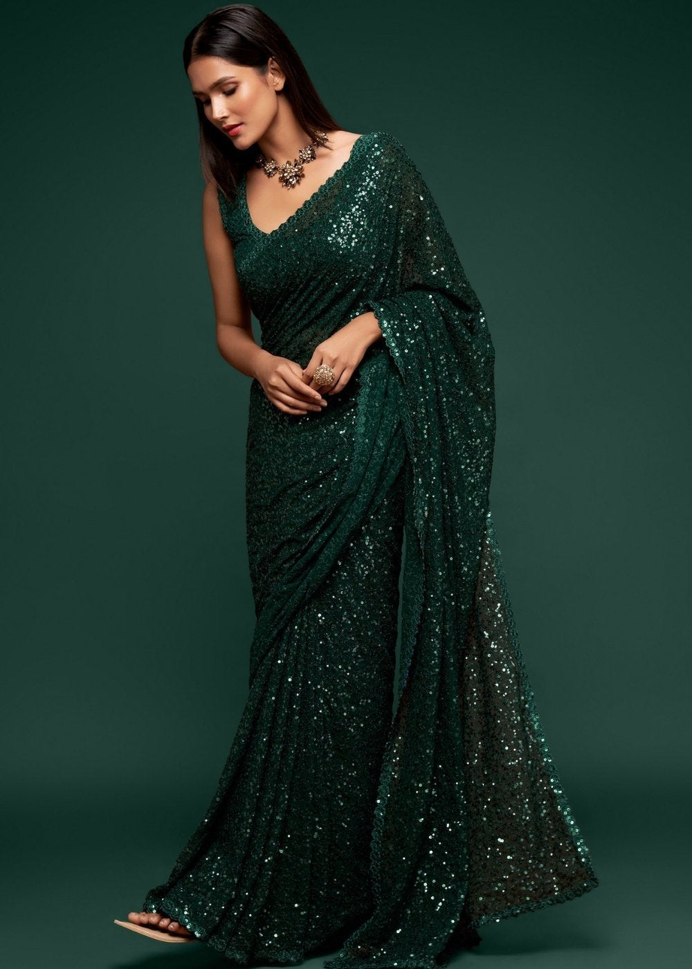 Buy MySilkLove Aztec Green Georgette Partywear Saree Online