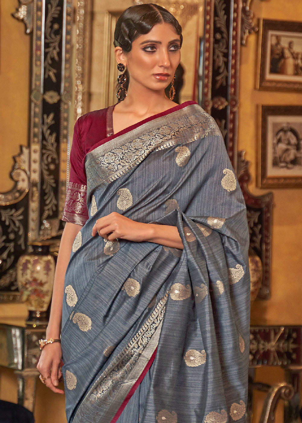 Buy MySilkLove Nevada Grey and Red Zari Woven Tussar Saree Online