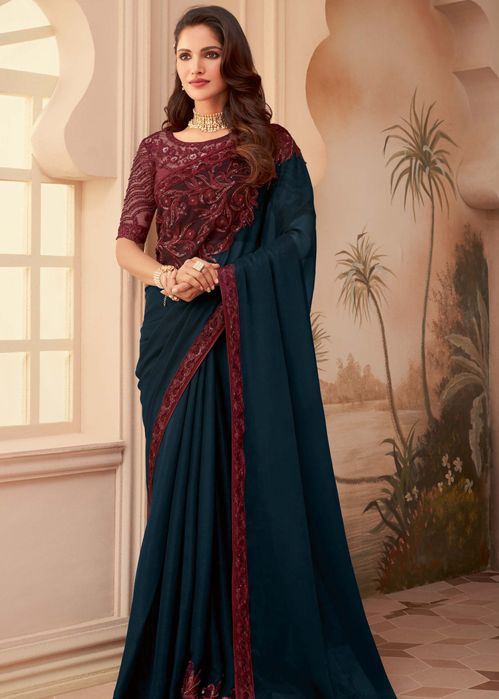Buy MySilkLove Firefly Blue Georgette Designer Saree with Embroidered Blouse Online