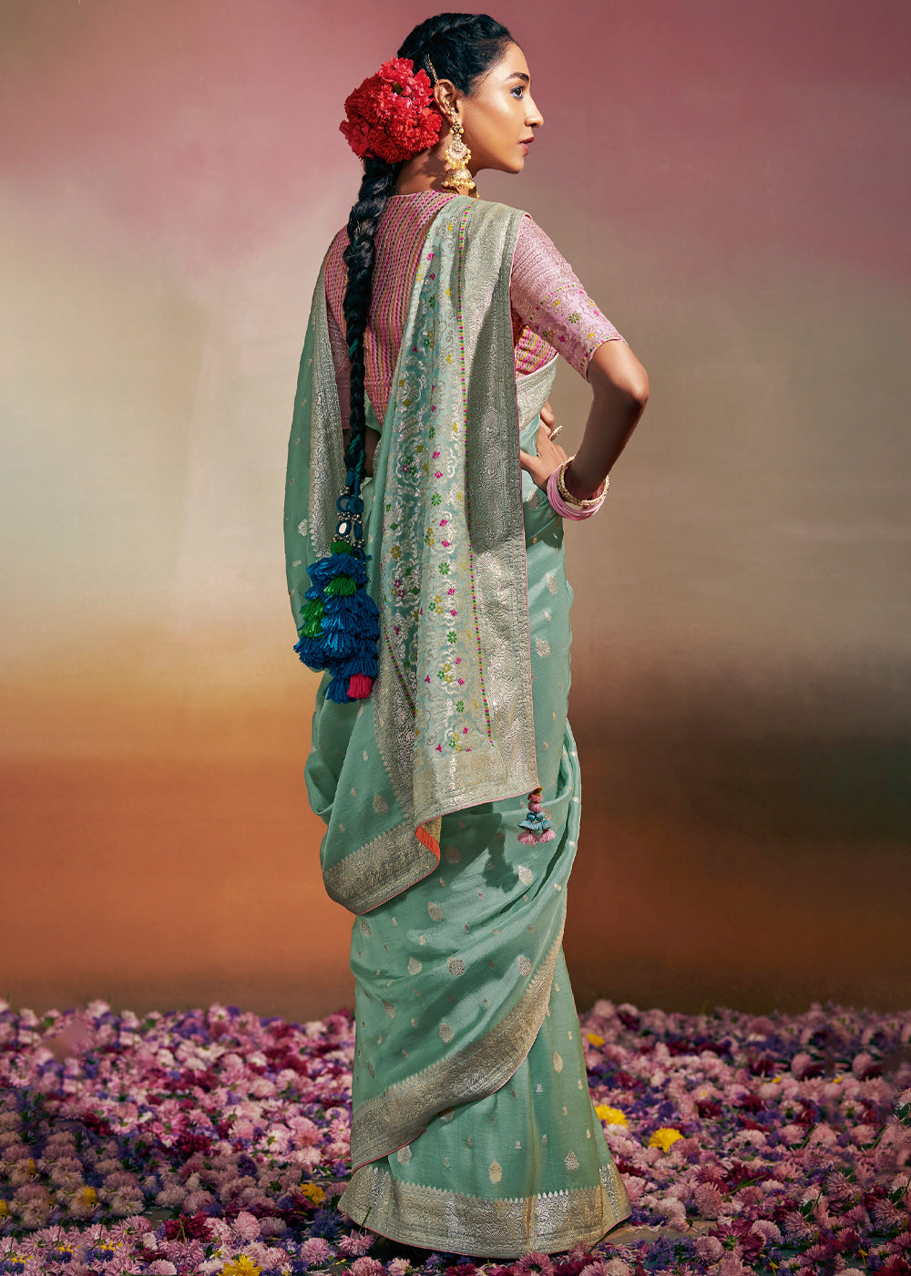 Buy MySilkLove Spring Rain Blue Woven Banarasi Soft Silk Saree Online
