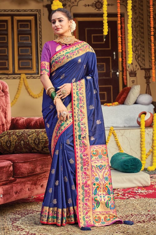 Buy MySilkLove East Bay Blue and Purple Zari Woven Paithani Saree Online