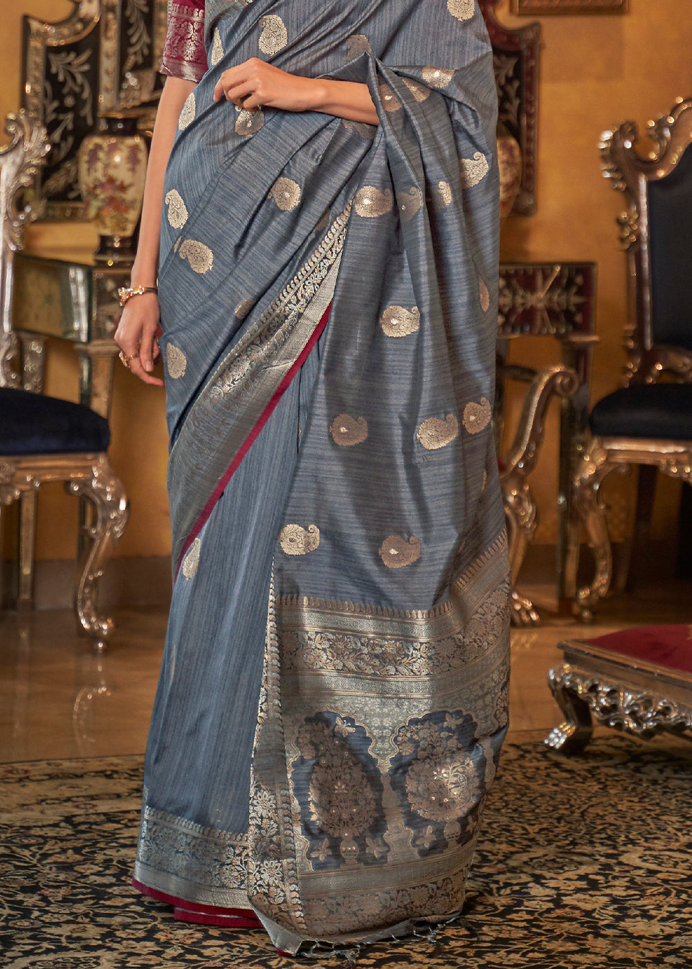 Buy MySilkLove Nevada Grey and Red Zari Woven Tussar Saree Online