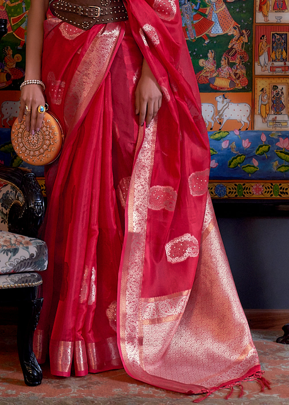 Buy MySilkLove Rose Pearl Red Woven Banarasi Organza Silk Saree Online