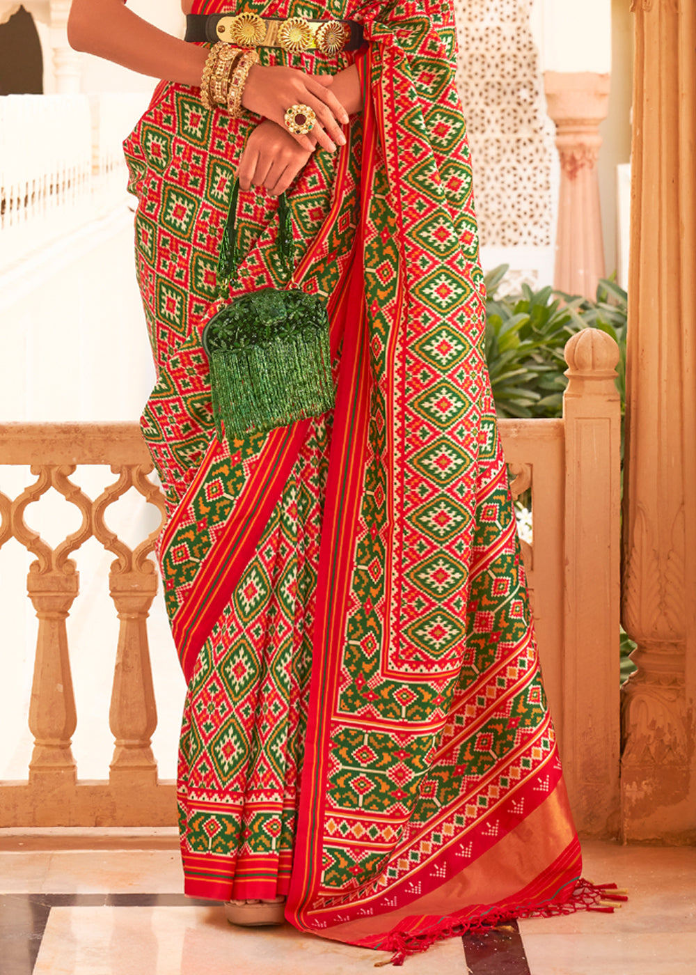Buy MySilkLove Crete Green and Red Printed Patola Tussar Saree Online