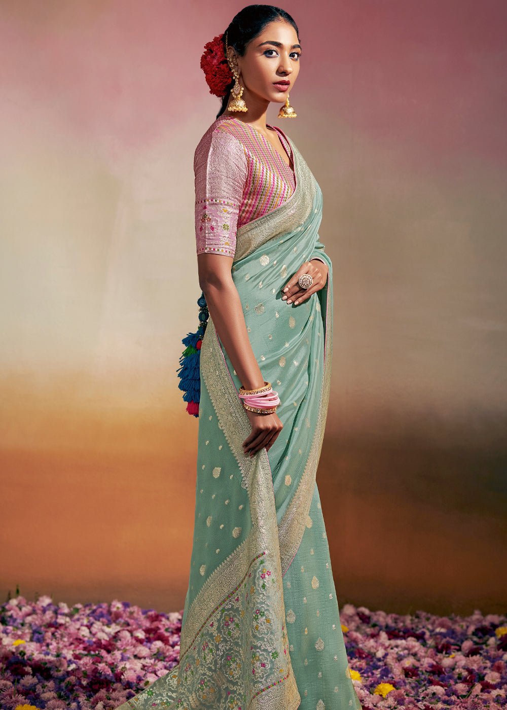 Buy MySilkLove Spring Rain Blue Woven Banarasi Soft Silk Saree Online