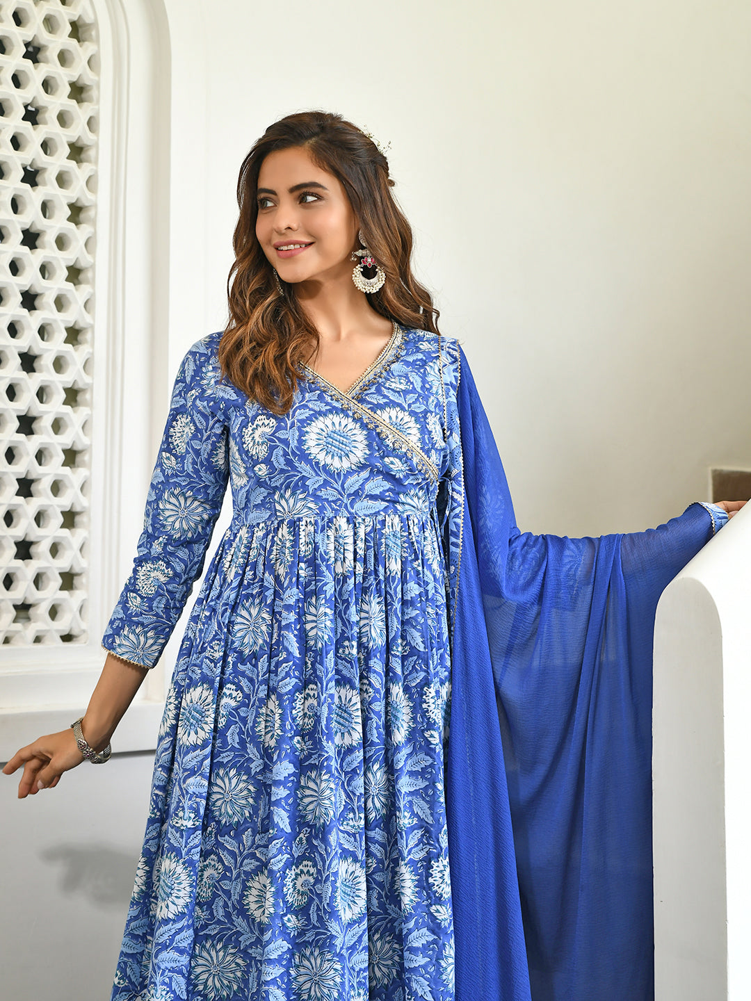 Buy MySilkLove Indigo Blue Cotton Floral Block Print Kurta With Pant And Dupatta Set Online