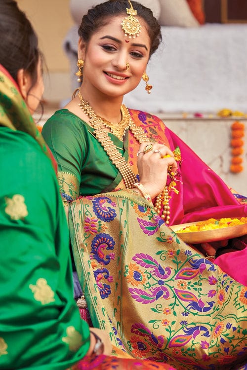 Buy MySilkLove Wild Pink and Green Zari Woven Paithani Saree Online