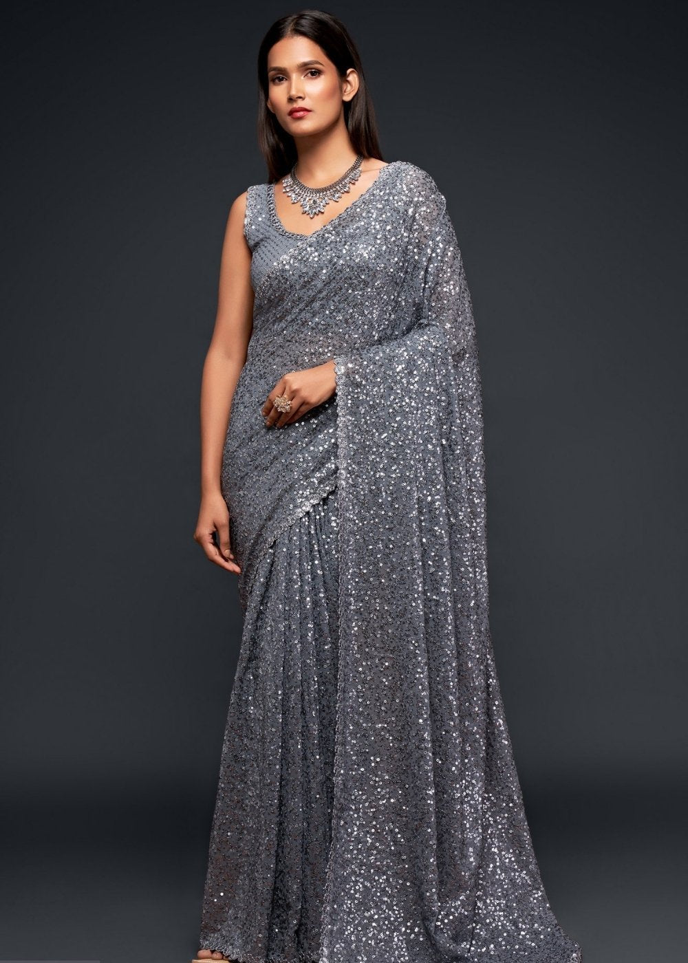 Buy MySilkLove Mid Gray Georgette Partywear Saree Online