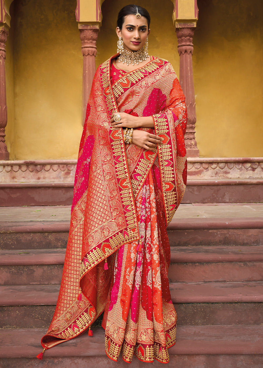 Sunset Orange And Pink Dola Silk Saree With Embroidered Blouse Latest 2024 Designer Saree.