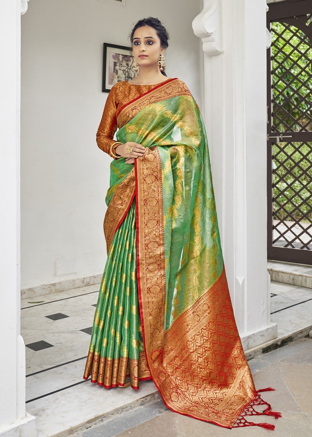 Buy MySilkLove Hippie Green and Red Zari Woven Organza Tissue Silk Saree Online