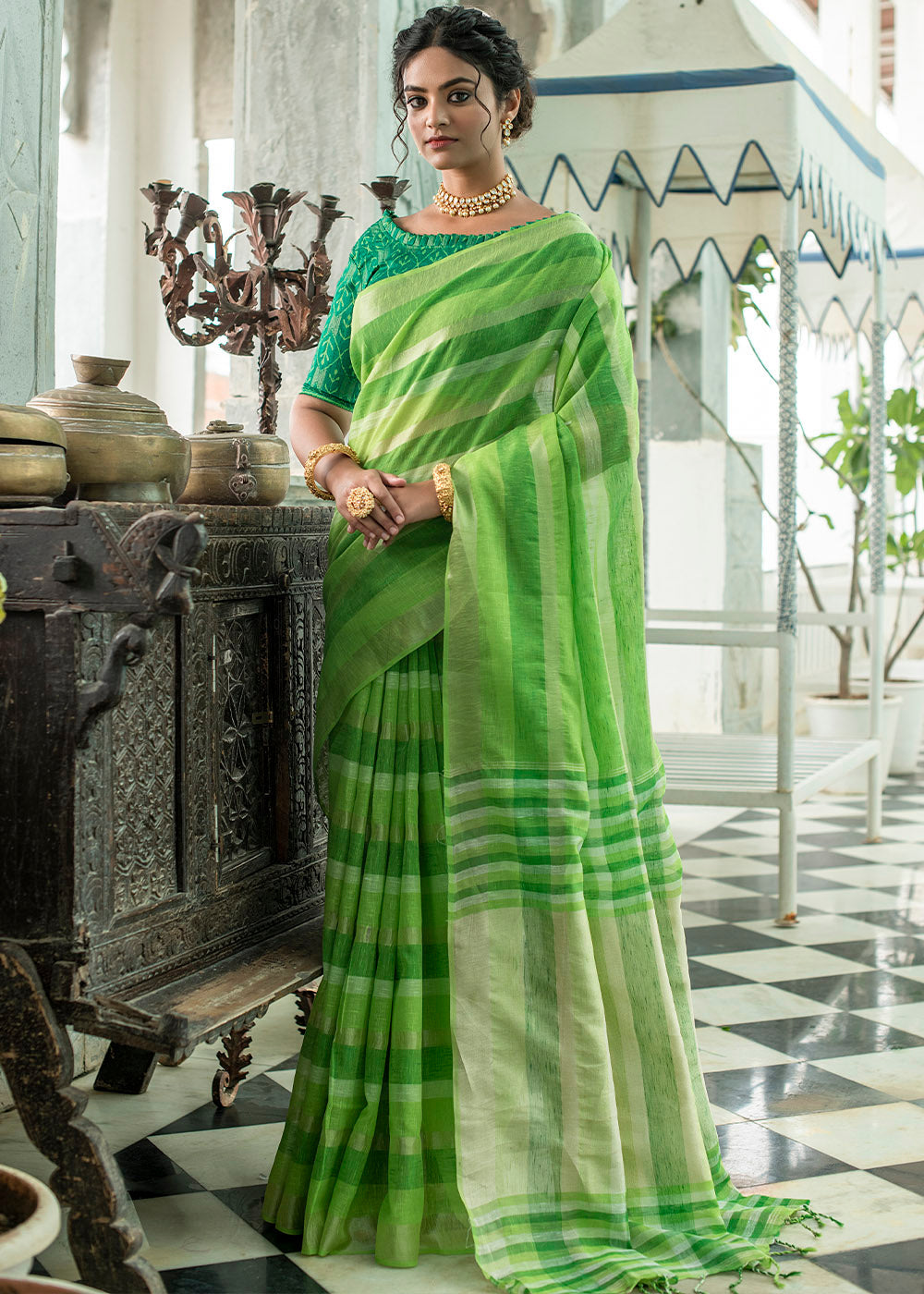 Buy MySilkLove Cucumber Green Zari Woven Striped Linen Saree Online