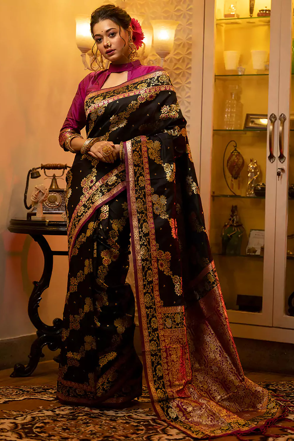 Buy MySilkLove Nero Black Woven Banarasi Silk Saree Online