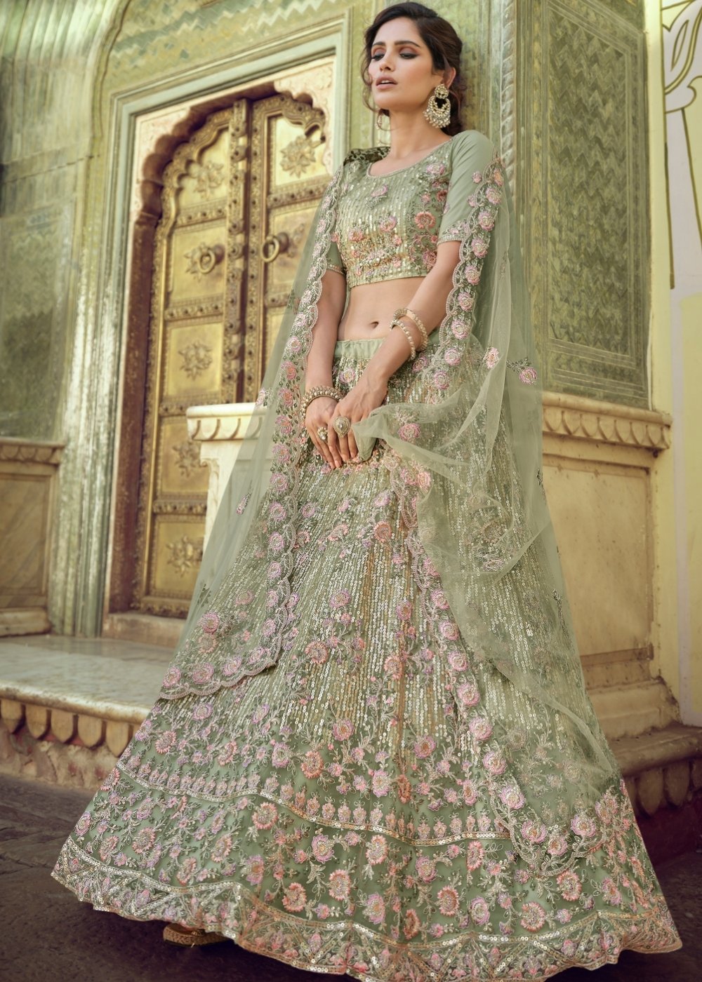 Buy MySilkLove Hillary Green Soft Net Designer Lehenga Choli Online