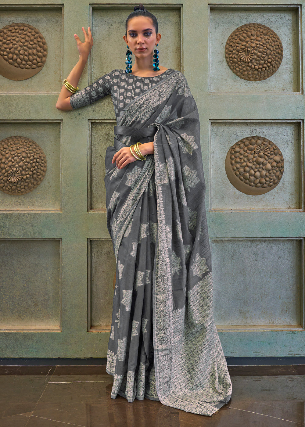 Buy MySilkLove Sparrow Grey Lucknowi Woven Chikankari Saree Online