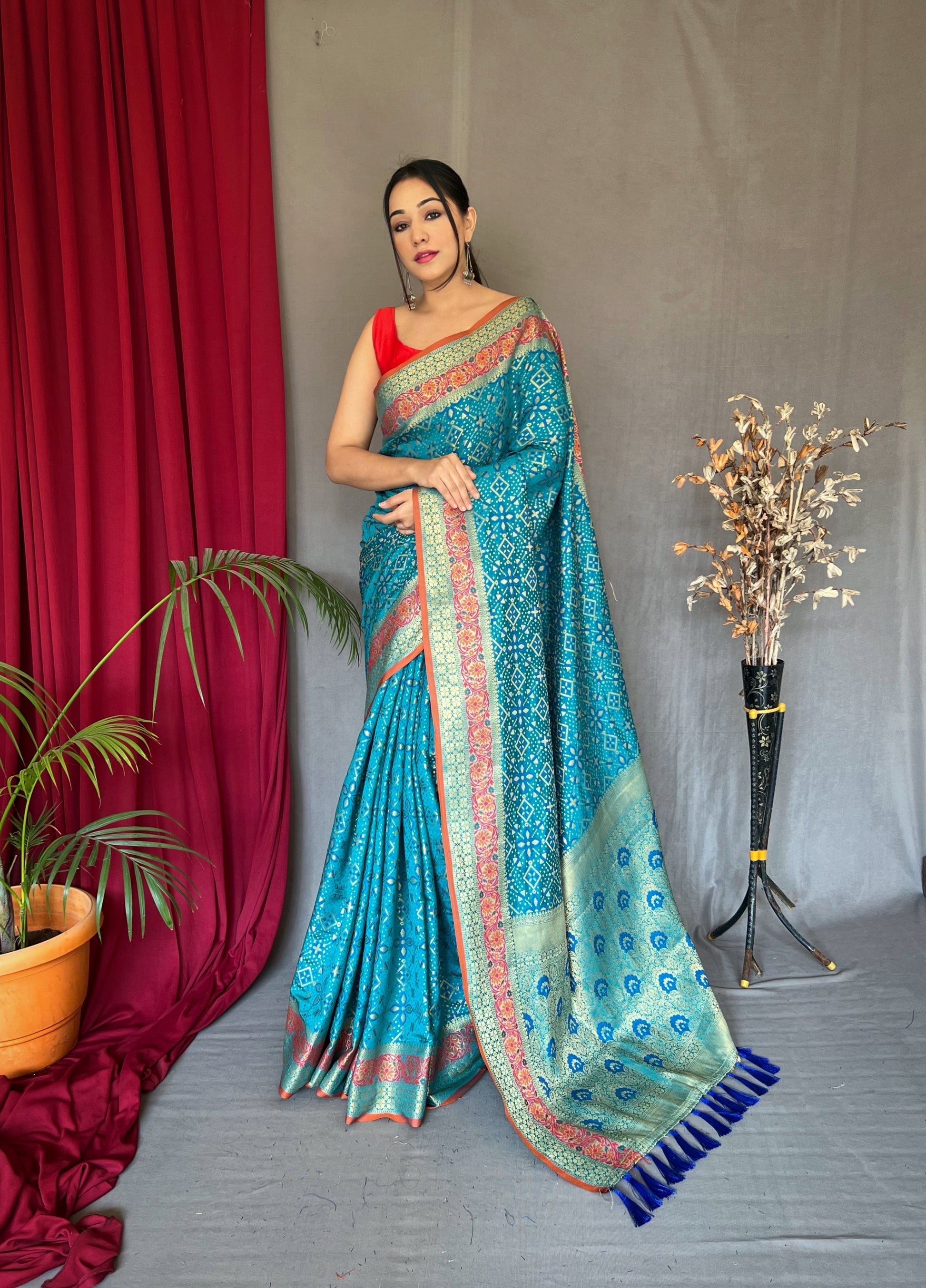 Buy MySilkLove Picton Blue Woven Bandhej Patola Silk Saree Online