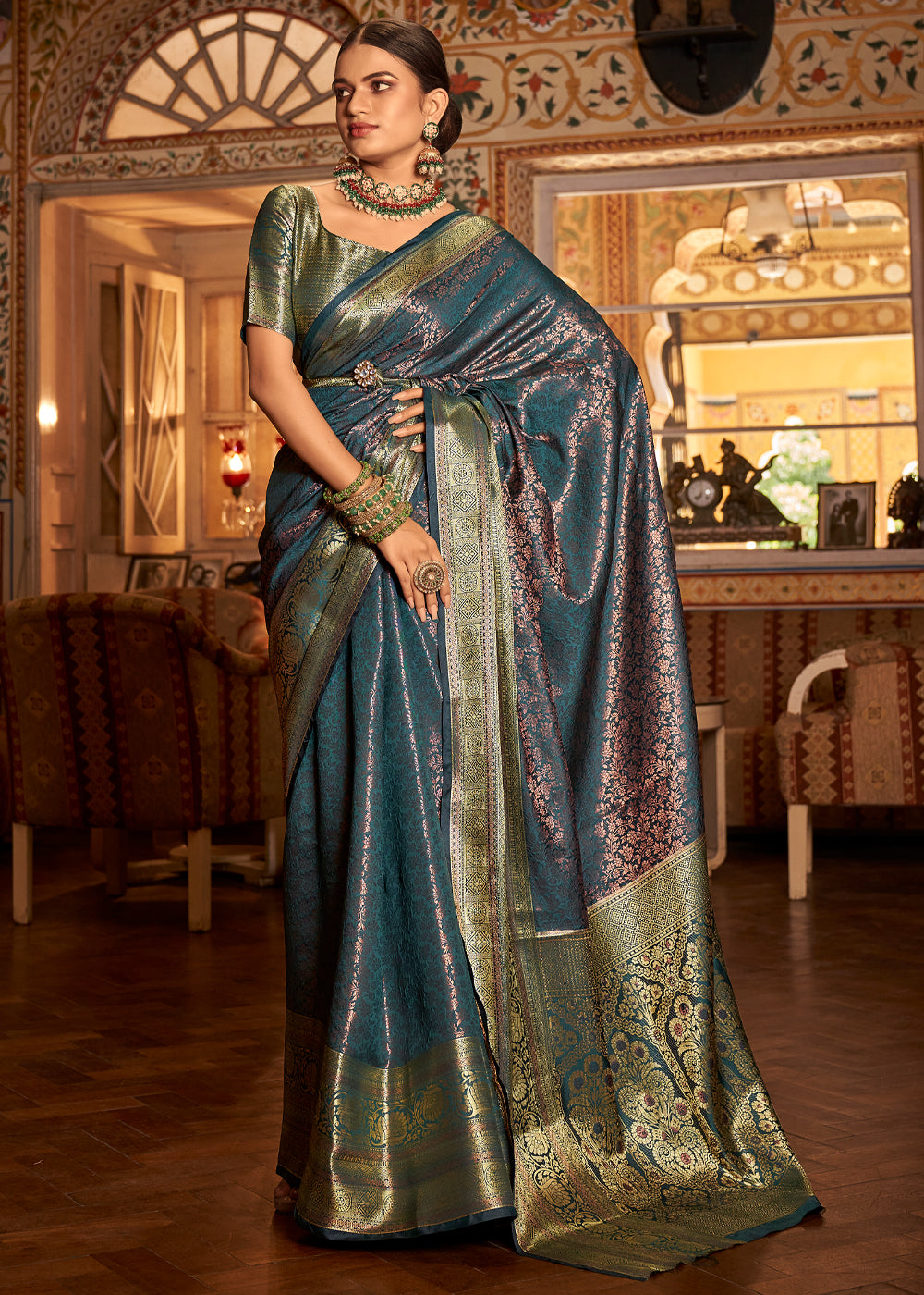 Buy MySilkLove Outer Space Blueish Green Bronze Zari Woven Kanjivaram Saree Online