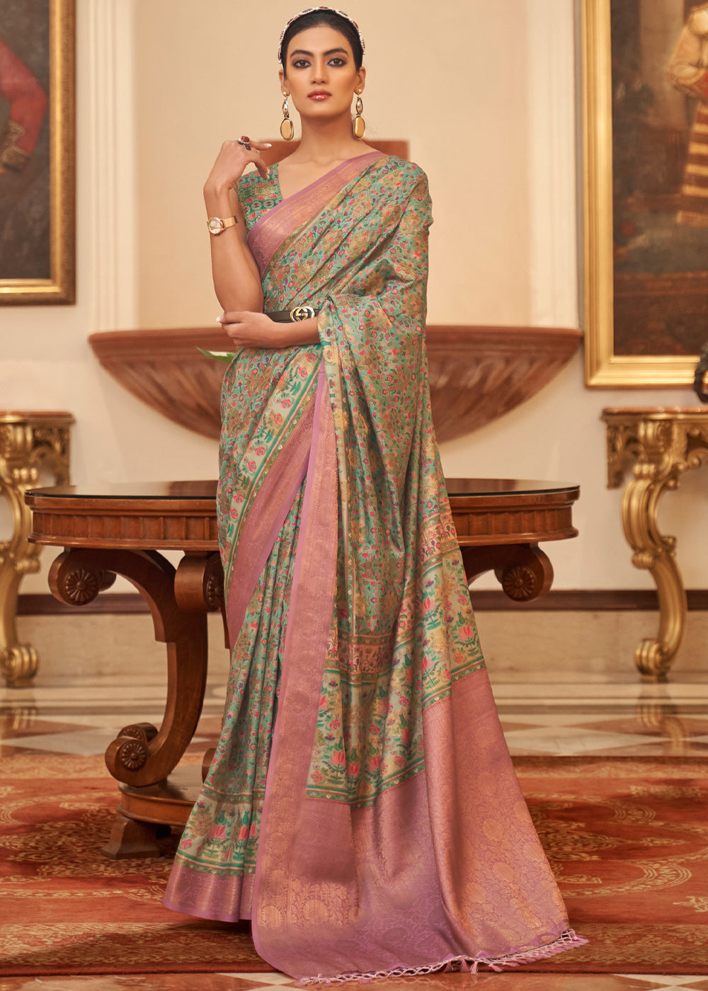 Buy MySilkLove Battleship Green and Pink Banarasi Digital Printed Kanni Silk Saree Online
