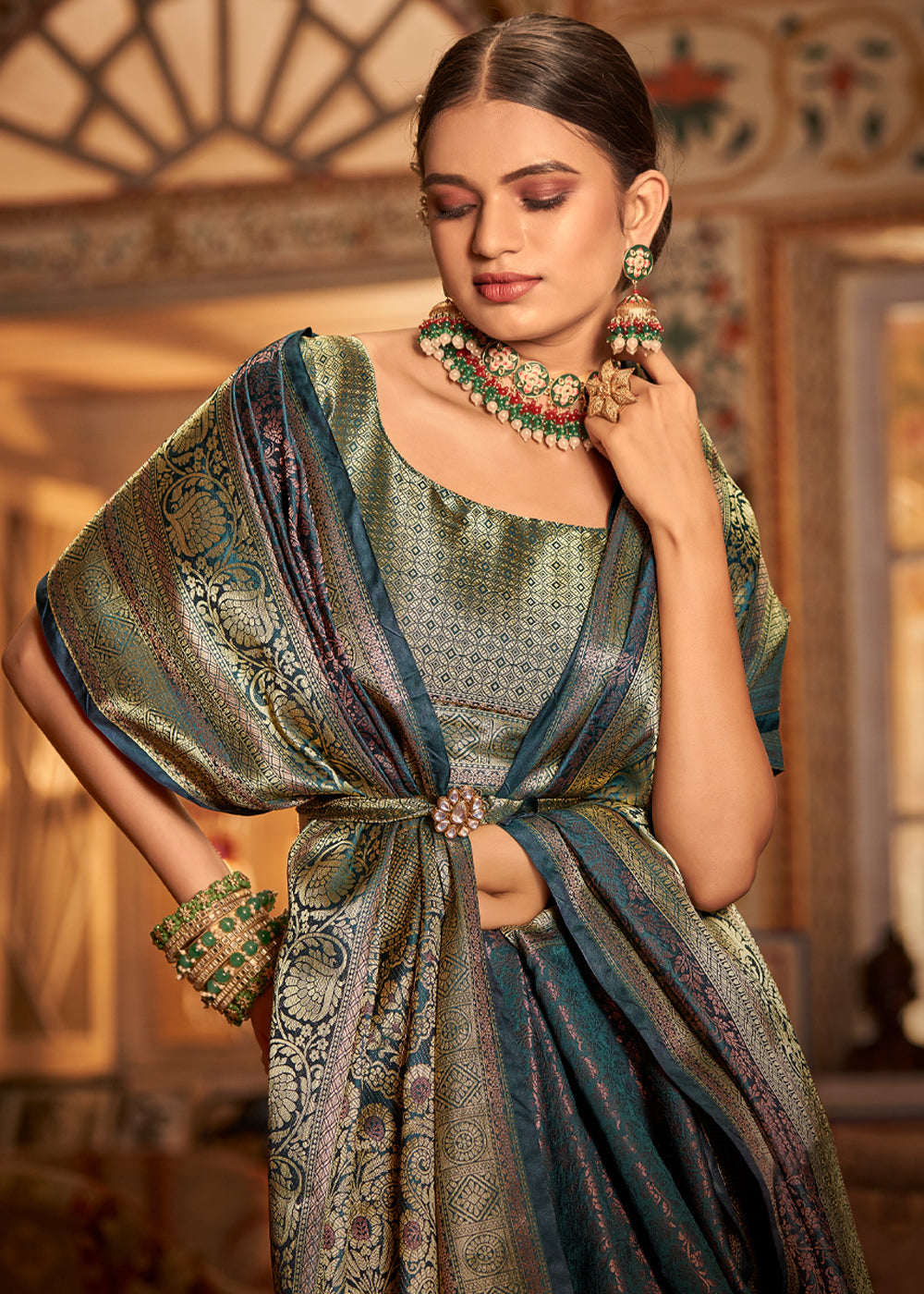 Buy MySilkLove Outer Space Blueish Green Bronze Zari Woven Kanjivaram Saree Online