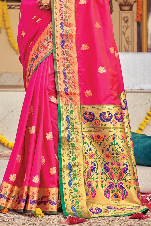 Buy MySilkLove Wild Pink and Green Zari Woven Paithani Saree Online
