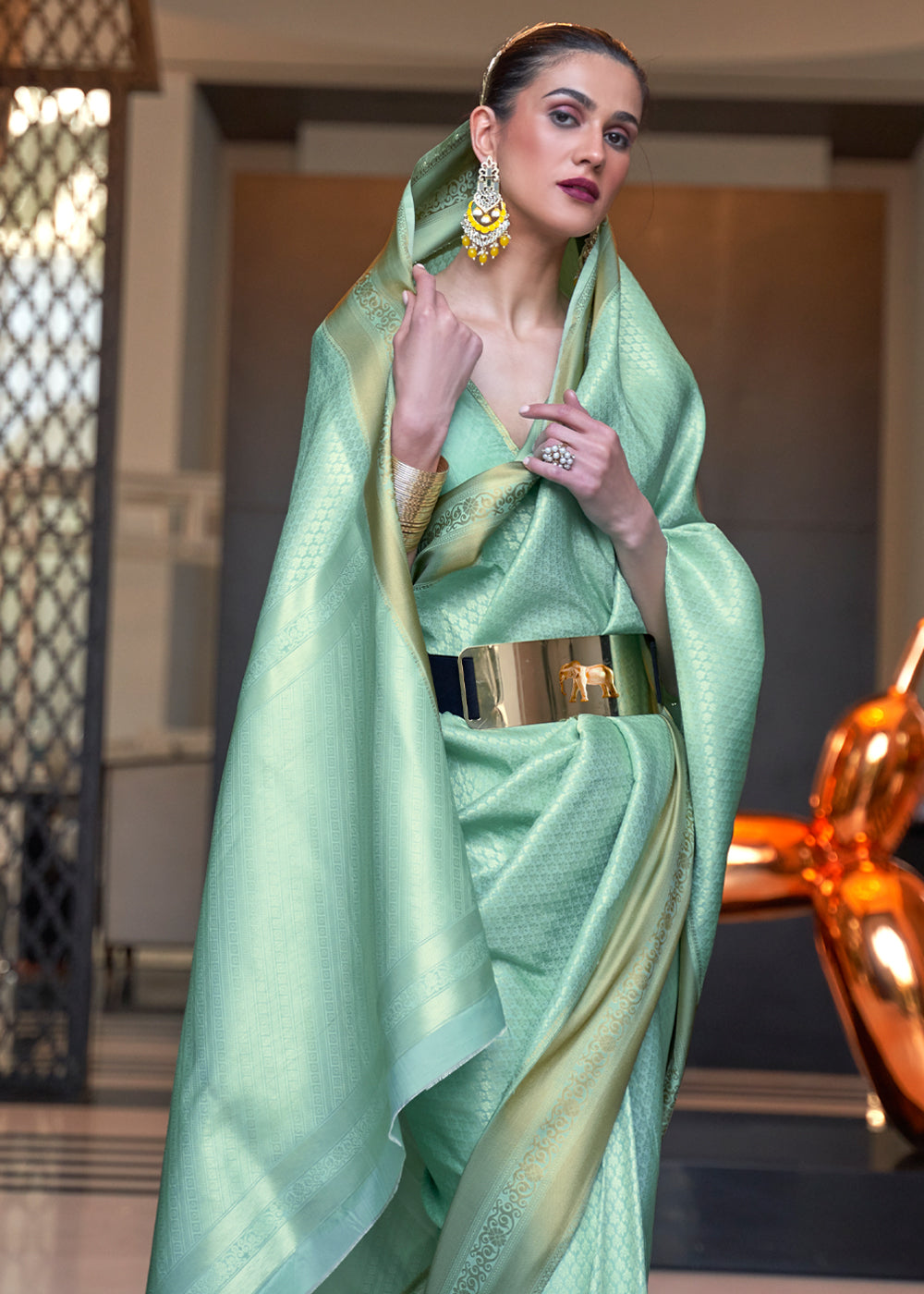 Buy MySilkLove Fringy Flower Green Woven Banarasi Silk Saree Online