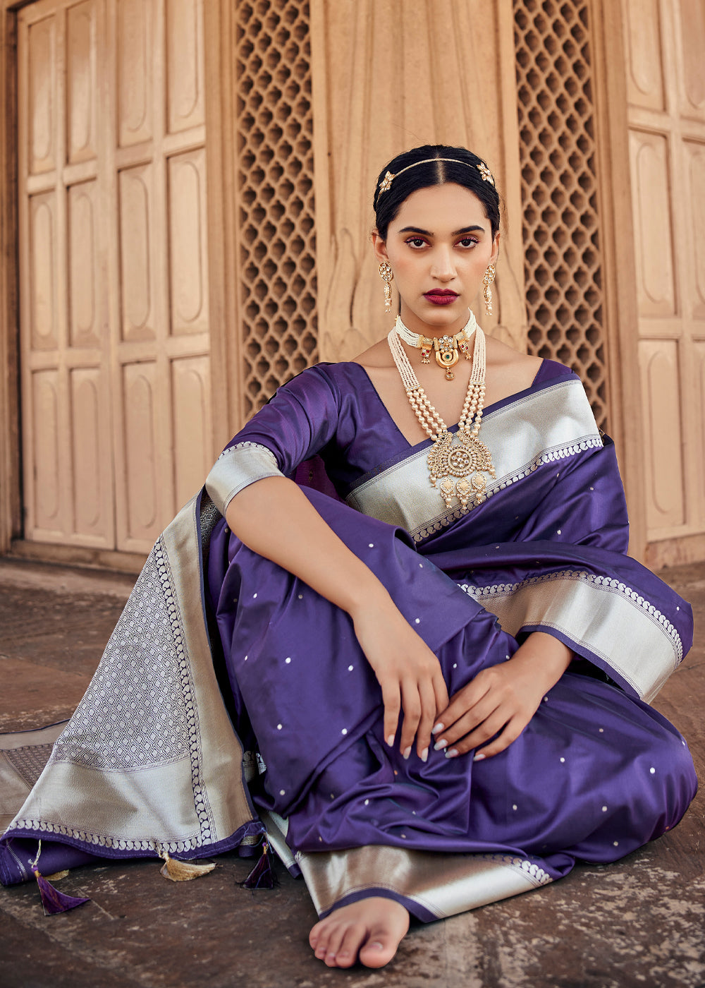 Buy MySilkLove Mulled Wine Purple Woven Banarasi Satin Silk Saree Online