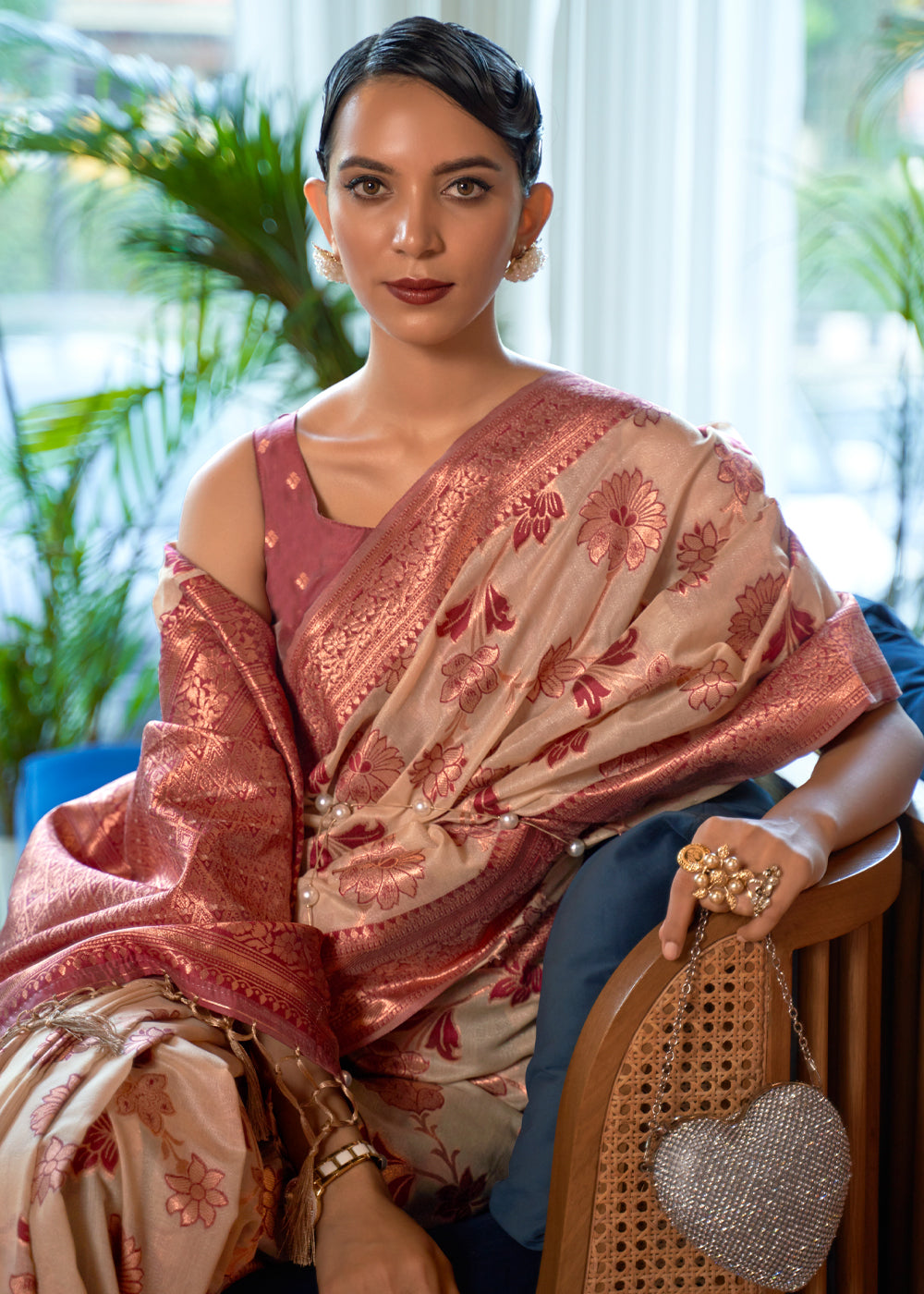Buy MySilkLove Brandy Cream and Brown Bronze Zari Organza Woven Silk Saree Online
