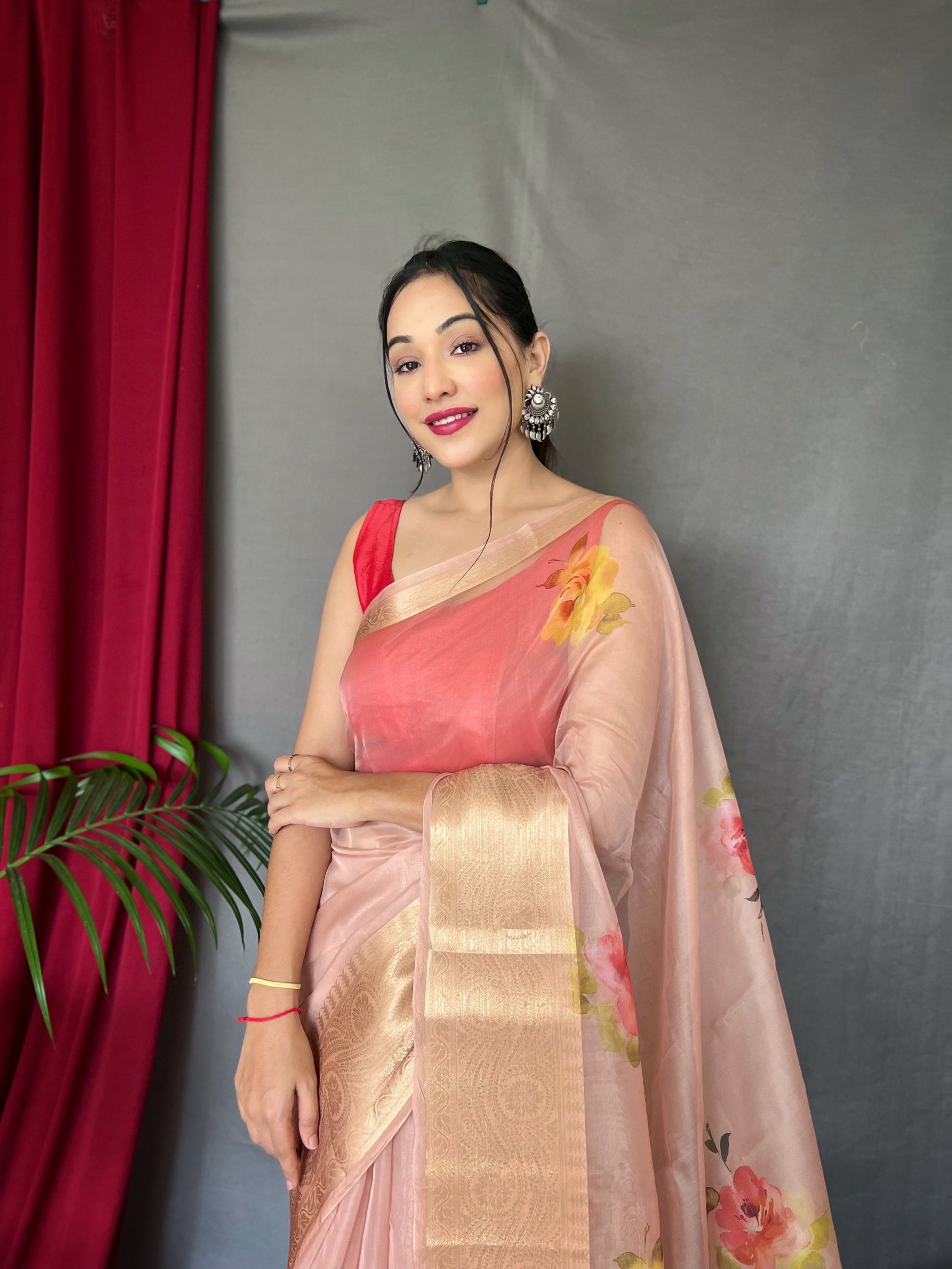 Buy MySilkLove Beauty Bush Pink Organza Digital Floral Printed Saree Online