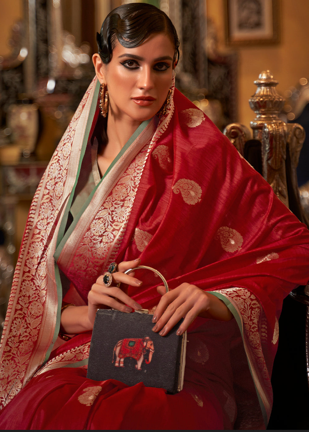 Buy MySilkLove Mexican Red and Green Zari Woven Tussar Saree Online