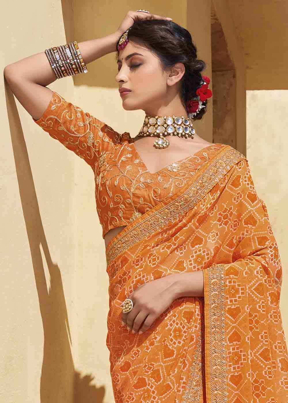 MySilkLove Salomie Orange Patola Print Georgette Saree With Embroidered Blouse
