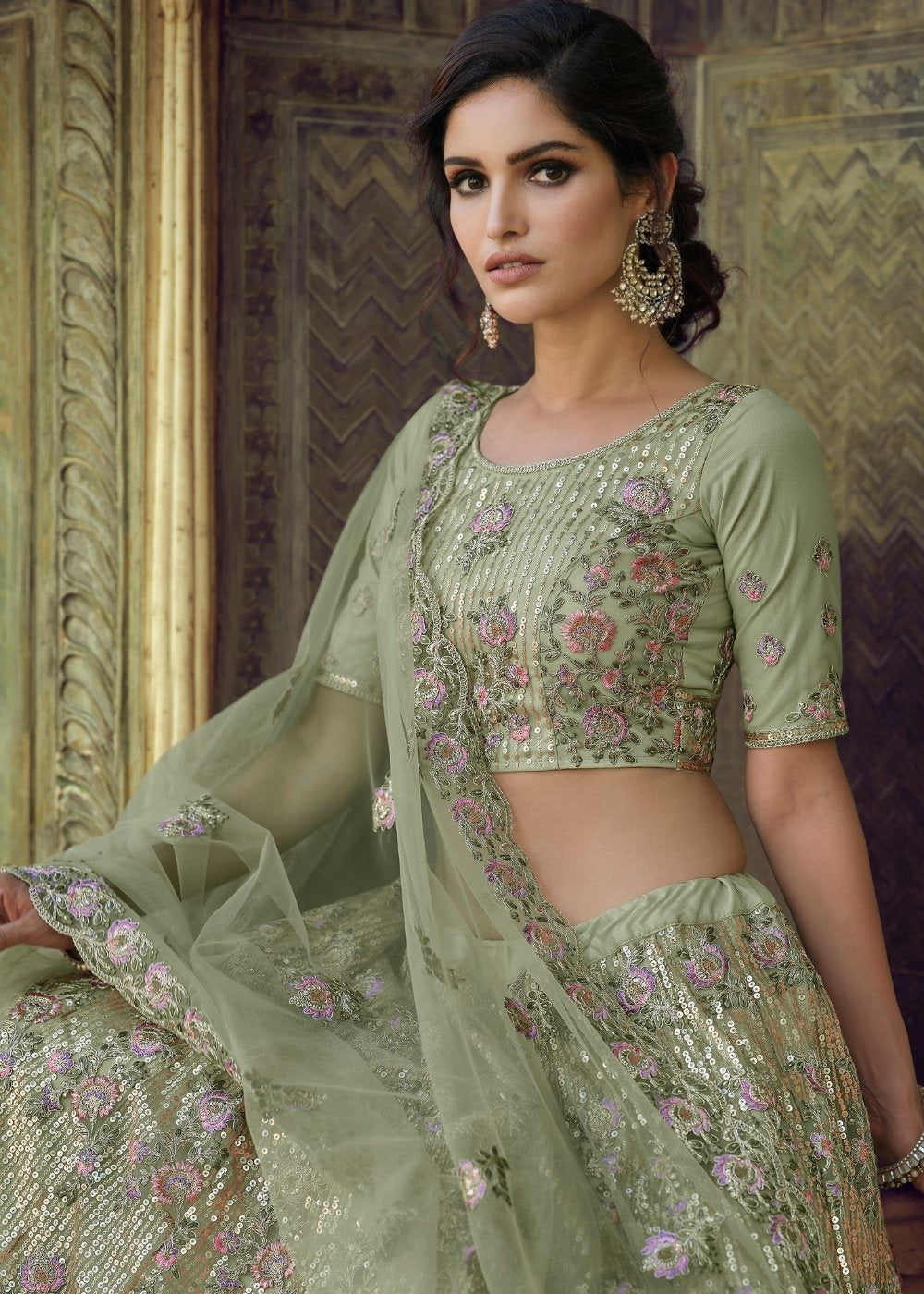 Buy MySilkLove Hillary Green Soft Net Designer Lehenga Choli Online